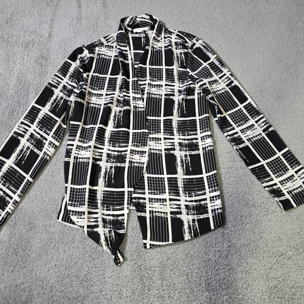Lush Womens Small Cardigan Black White Abstract Grid Draped Open Front 1529